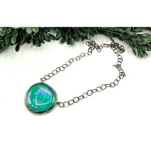 Iridescent Green Glass Pendant Necklace With Silver Chain